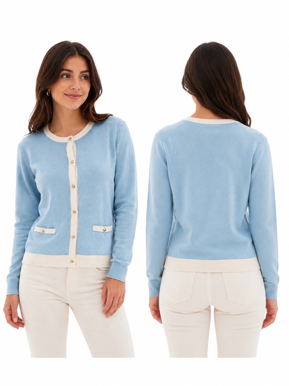 Light Blue & White Contrast Trim Cardigan Sweater